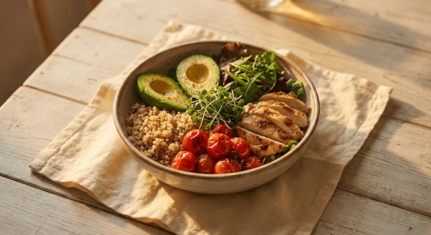 Beautiful healthy meal bowl in warm golden light